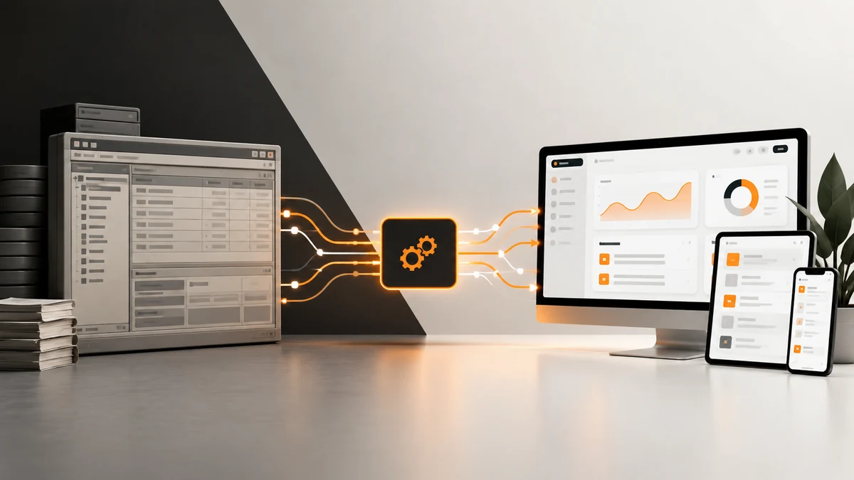 An older business system connected through an integration layer to a modern dashboard on desktop, tablet and phone